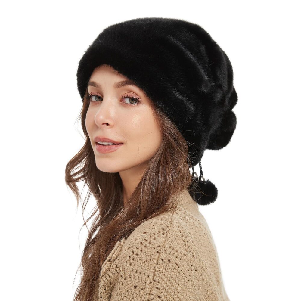 6877 Faux Mink Fur Santa Hat - Slouchy Beanie Winter Warm Ski Cap - Chunky